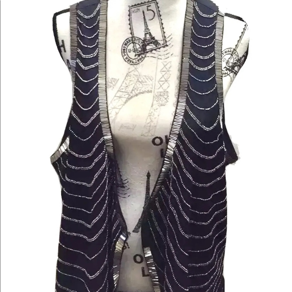 New Noir Women Black  Beaded Open Vest Sexy Sz 24